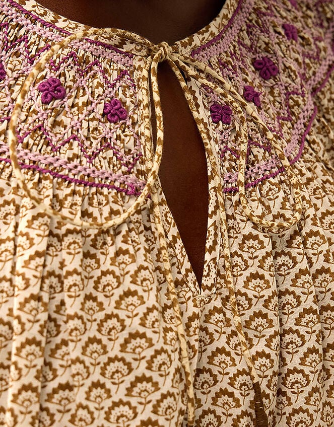 East Alina Floral Printed Smocking Top, Brown (BROWN), large