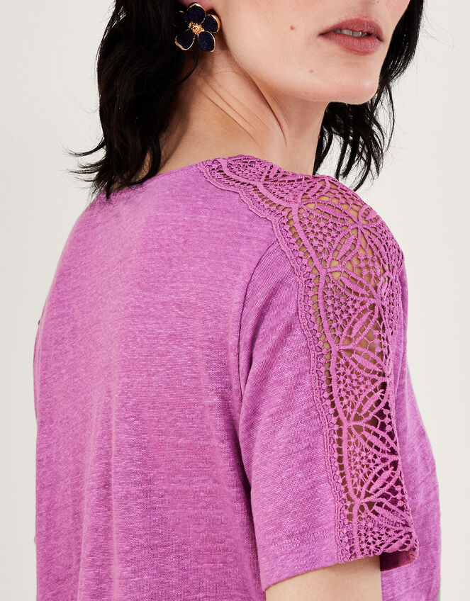 Button Through Lace Linen T-Shirt, Purple (PURPLE), large