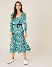 Printed Square Neck Jersey Midi Dress, Green (GREEN), large