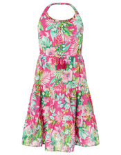 Palm Print Halter Midi Dress in Organic Cotton, Pink (PINK), large