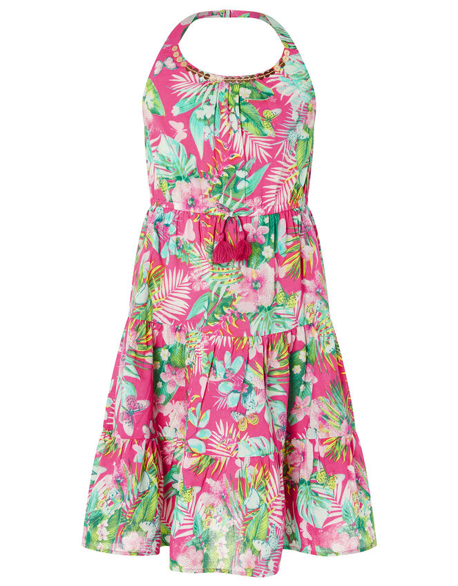 Palm Print Halter Midi Dress in Organic Cotton, Pink (PINK), large