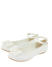 Genevieve Satin Ballet Flats with Pearl Bow, White (WHITE), large