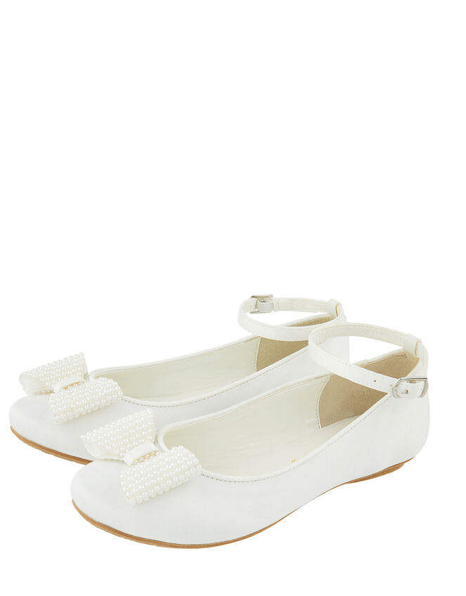 Genevieve Satin Ballet Flats with Pearl Bow, White (WHITE), large