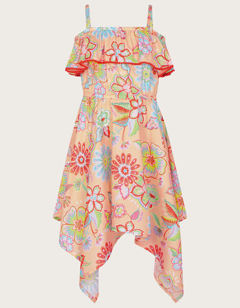 Floral Print Hanky Hem Dress, Orange (CORAL), large