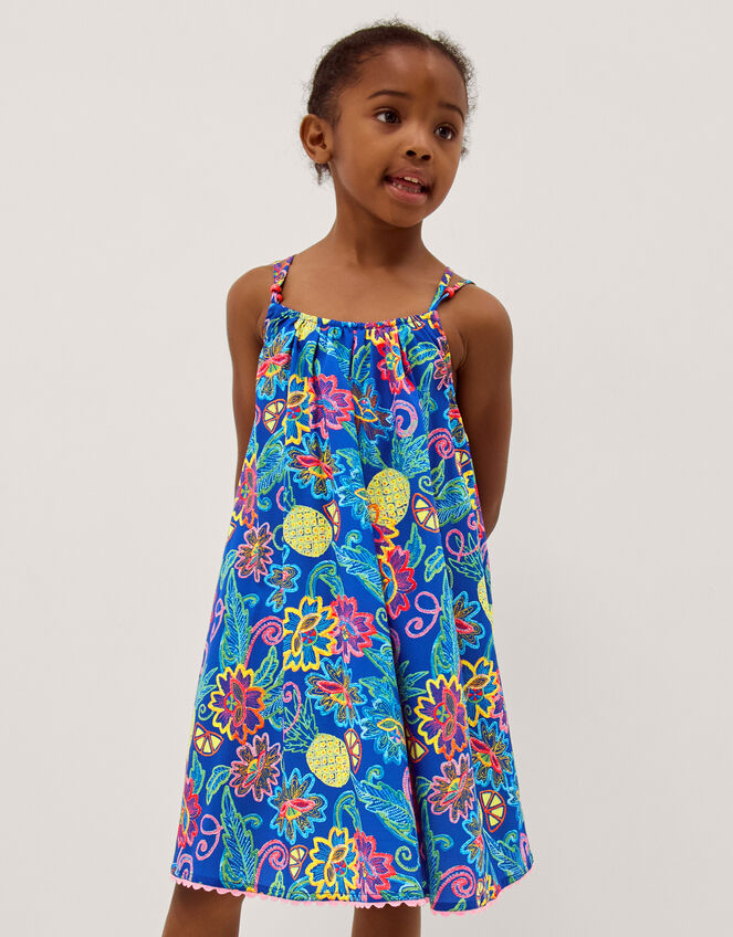 Tropical Floral Crossover Dress, Blue (BLUE), large