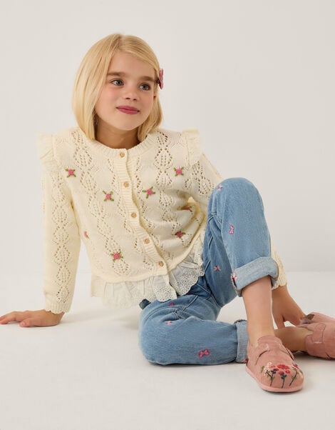 Embroidered Frill Pointelle Cardigan, Ivory (IVORY), large