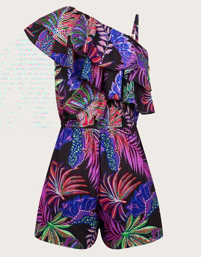 Tropical Print One-Shoulder Playsuit, Black (BLACK), large