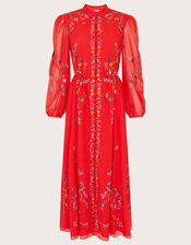 Emily Embroidered Shirt Dress in Recycled Polyester, Red (RED), large