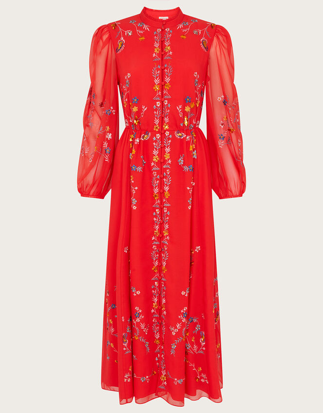 Emily Embroidered Shirt Dress in Recycled Polyester, Red (RED), large