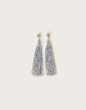 Beaded Tassel Earrings, Silver (SILVER), large