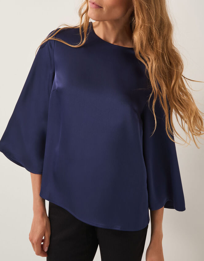 Ingrid Bell Sleeve Satin Blouse, Blue (MIDNIGHT), large