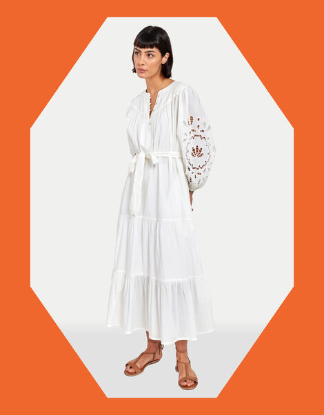 East Bridget Cutwork Tiered Midi Dress, White (WHITE), large