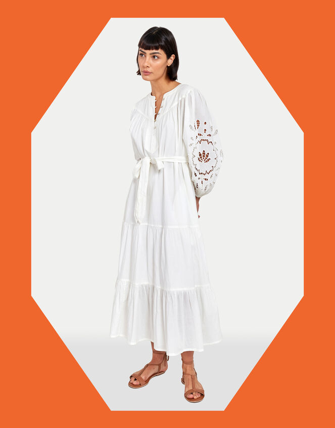 East Bridget Cutwork Tiered Midi Dress, White (WHITE), large