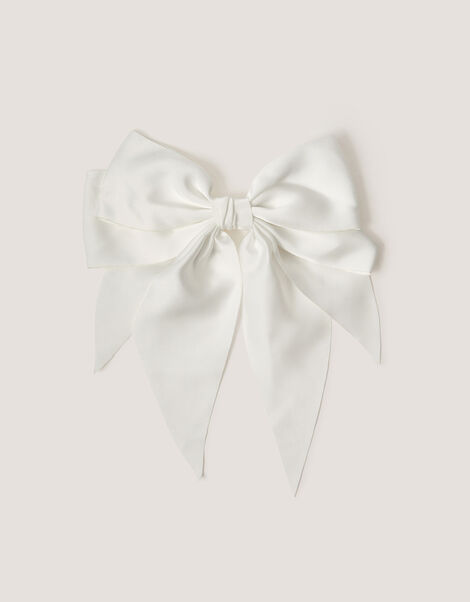 Long Tiered Satin Bow Hair Clip, Ivory (IVORY), large
