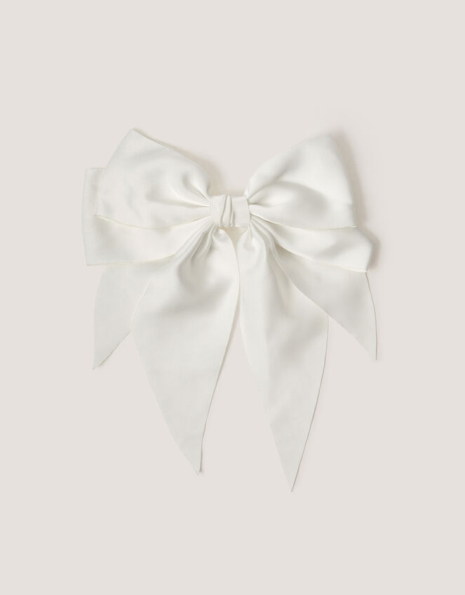 Long Tiered Satin Bow Hair Clip, Ivory (IVORY), large