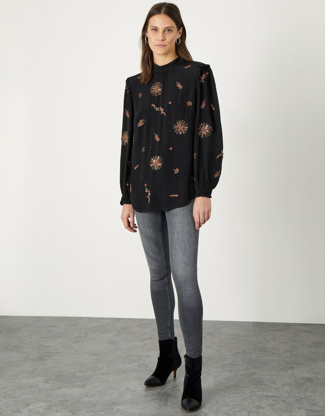 Star Embellished Blouse in Sustainable Viscose, Black (BLACK), large