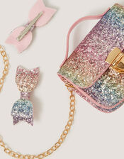 Rainbow Glitter Satchel Bag & Hair Clips Set, , large