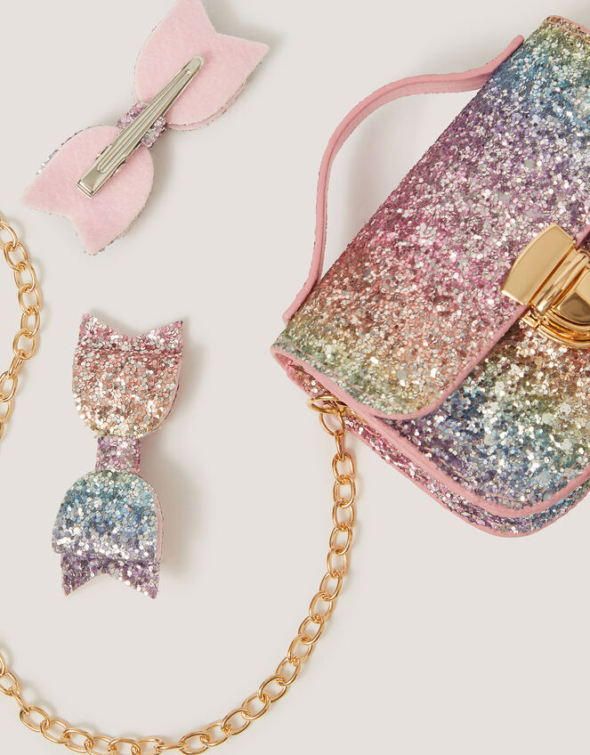 Rainbow Glitter Satchel Bag & Hair Clips Set, , large