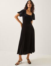 Cynthia Puff Sleeve Velvet Midi Dress, Black (BLACK), large