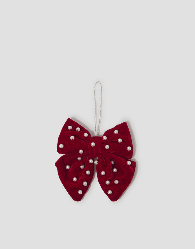 Embellished Pearl Bow Christmas Tree Decoration, Red (RED), large