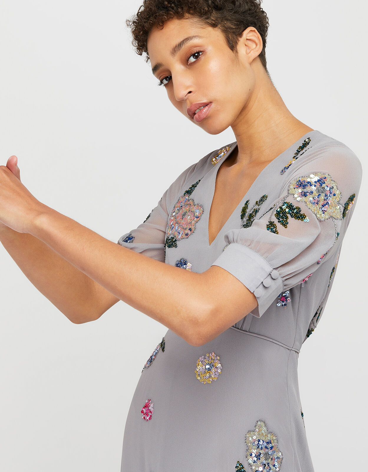 Harriette Embellished Hanky Hem Midi Dress Grey Evening Dresses
