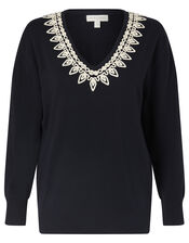 Cornelli Trim Dolman Sleeve Knit Jumper, Blue (NAVY), large