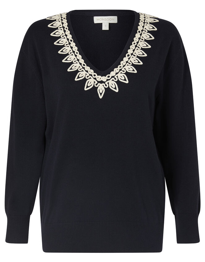 Cornelli Trim Dolman Sleeve Knit Jumper, Blue (NAVY), large