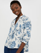 Esther Printed Blouse in Pure Linen, Natural (NATURAL), large