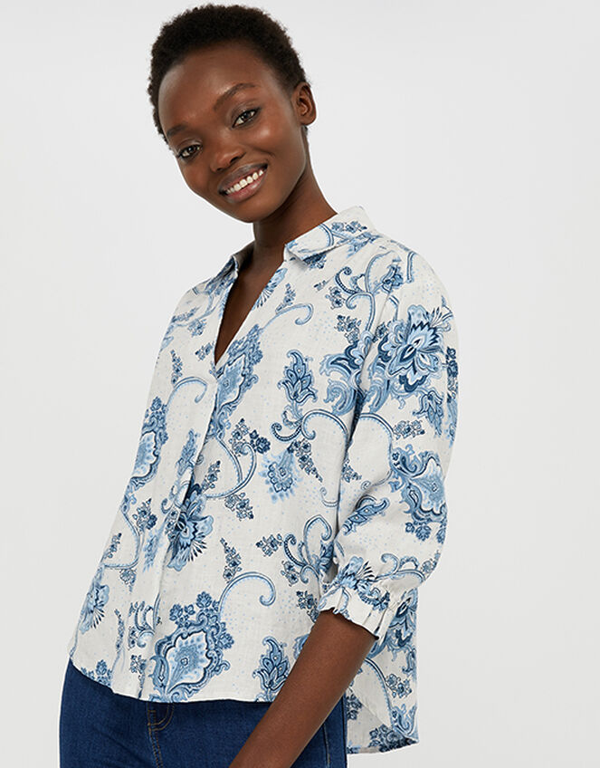 Esther Printed Blouse in Pure Linen, Natural (NATURAL), large