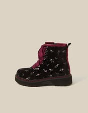 Floral Velvet Lace-Up Boots, Black (BLACK), large