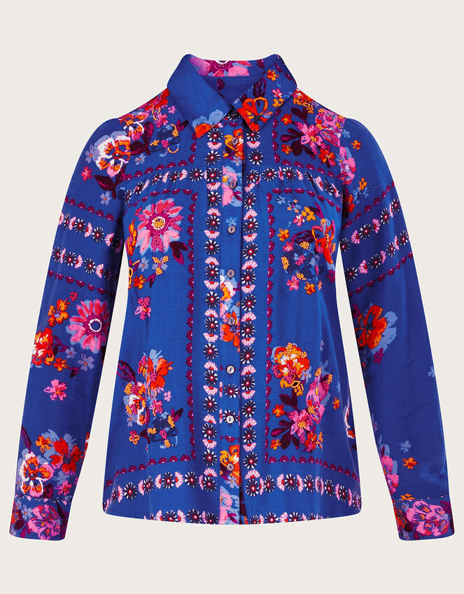 Alina Floral Print Button Through Shirt in LENZING™ ECOVERO™, Blue (BLUE), large