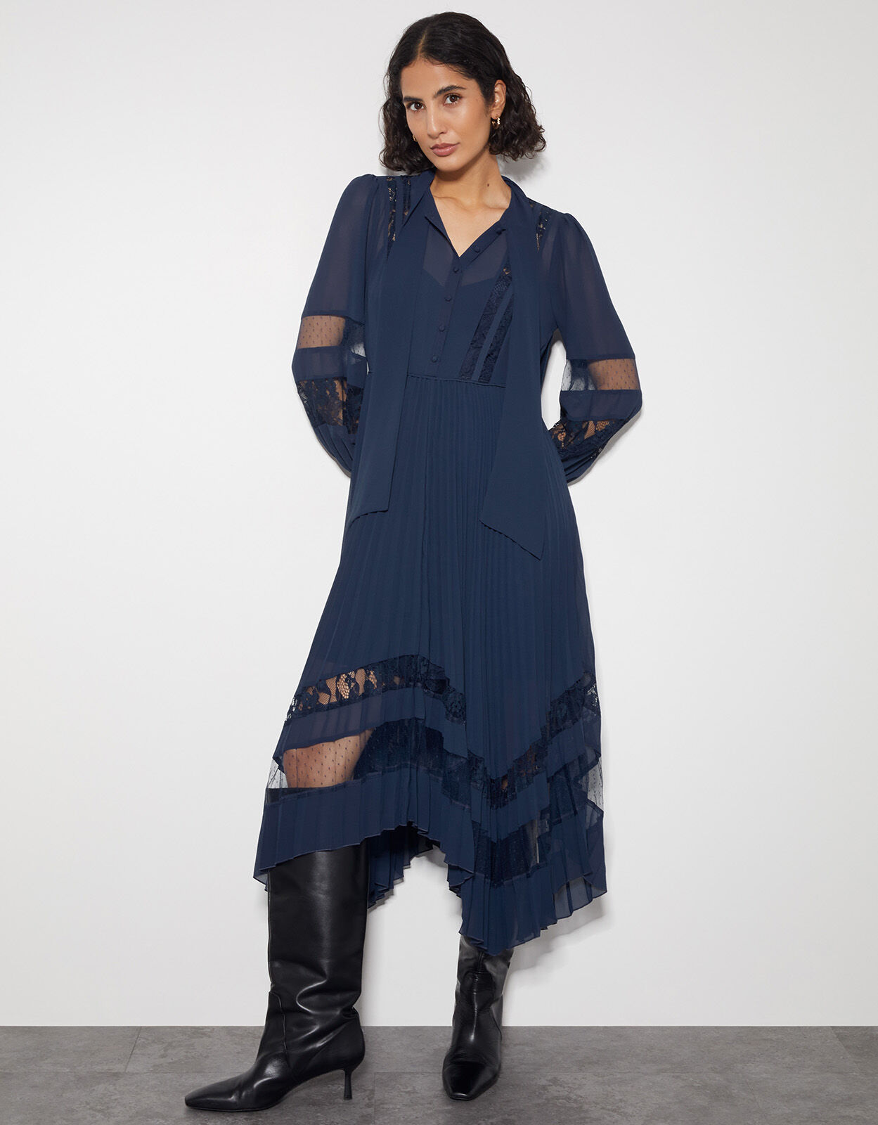 Florence Lace Insert Pleated Midi Dress Blue