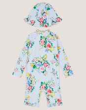 Baby Floral Stripe UPF50+ Swimsuit & Sun Hat, Blue (BLUE), large