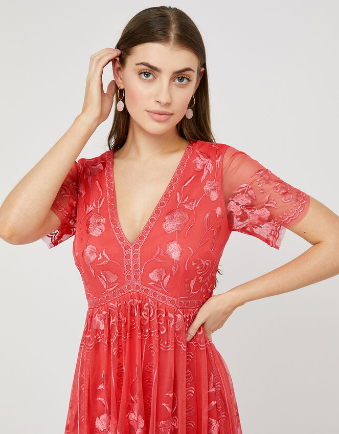 Valentina Embroidered Midi Dress, Orange (CORAL), large