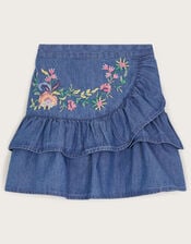 Chambray Embroidered Ruffle Skirt, Blue (BLUE), large
