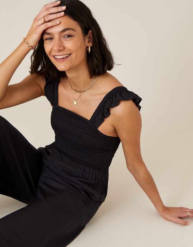 Ruffle Strap Wide Leg Jumpsuit, Black (BLACK), large