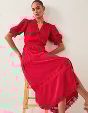 Kiana Pintuck Puff-Sleeve Midi Dress, Red (RED), large