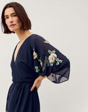 Clara Floral Embellished Midi Wrap Dress, Blue (NAVY), large