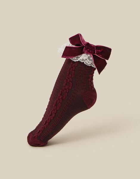 Velvet Bow Lace Frilly Socks, Red (BURGUNDY), large