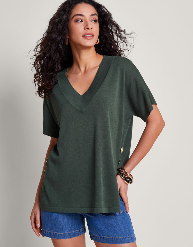 Bel Button Knit Top, Green (KHAKI), large