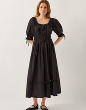 Riley Puff Sleeve Embroidered Midi Dress, Black (BLACK), large