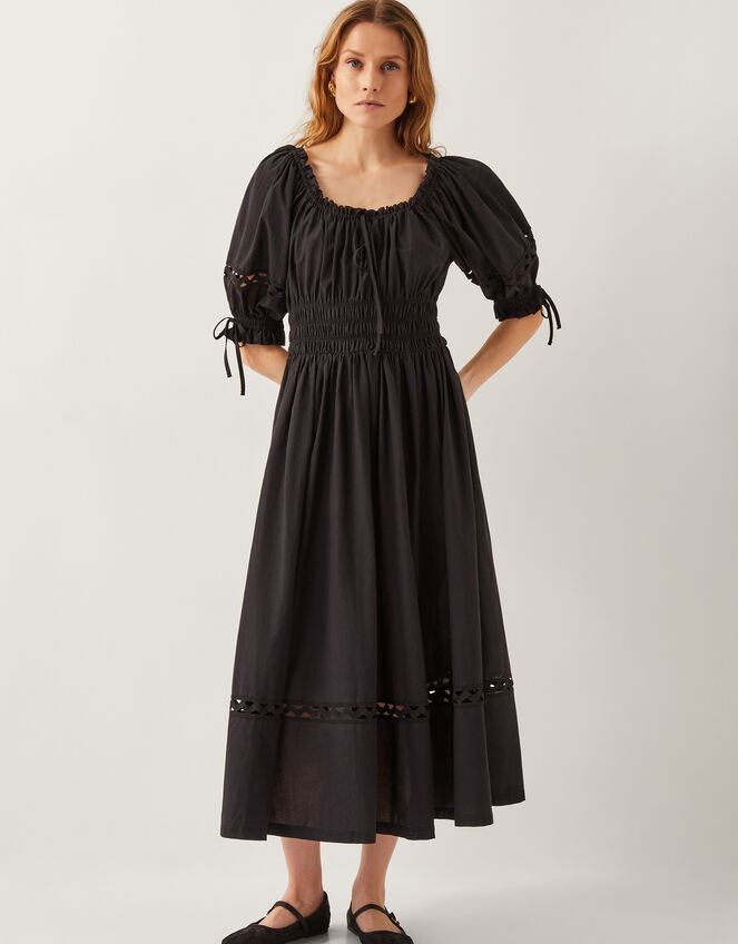Riley Puff Sleeve Embroidered Midi Dress, Black (BLACK), large