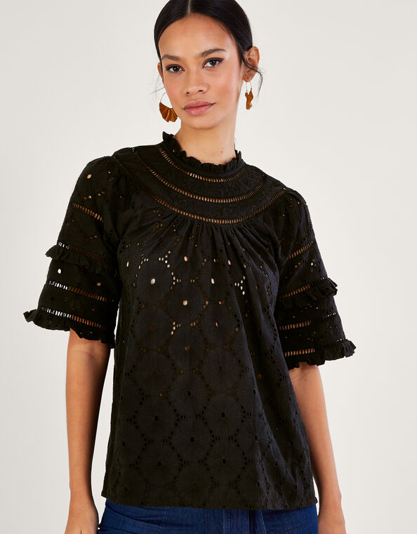 Ruffle Trim Embroidered Top  Black, Black (BLACK), large