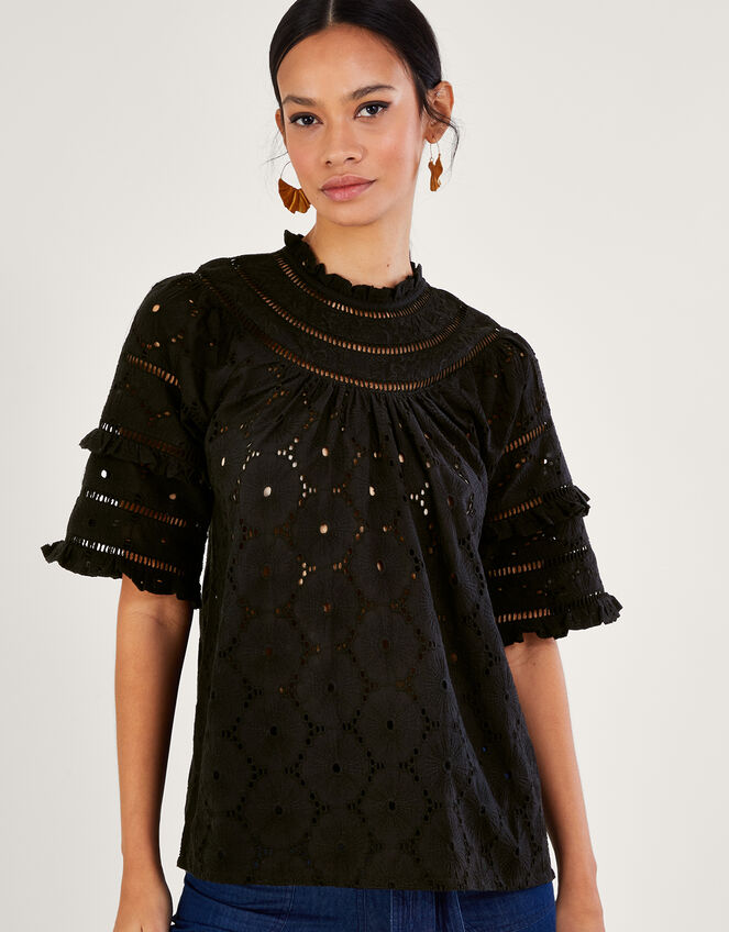 Ruffle Trim Embroidered Top , Black (BLACK), large