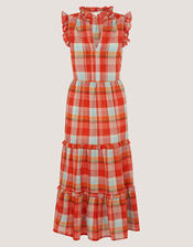 Cecily Check Print Tiered Midi Dress, Orange (ORANGE), large
