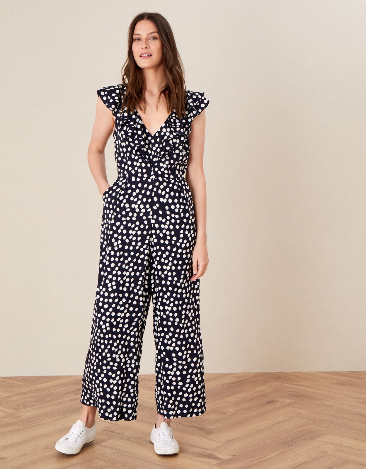 Navy and white spot jumpsuit hot sale