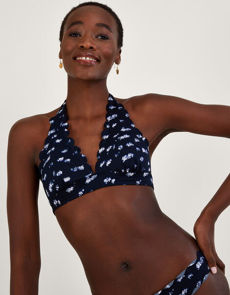 Batik Print Scallop Bikini Top with Recycled Polyester Blue, Blue (NAVY), large