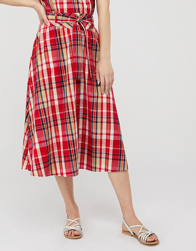 Nila Check Midi Skirt in Organic Cotton, Red (RED), large