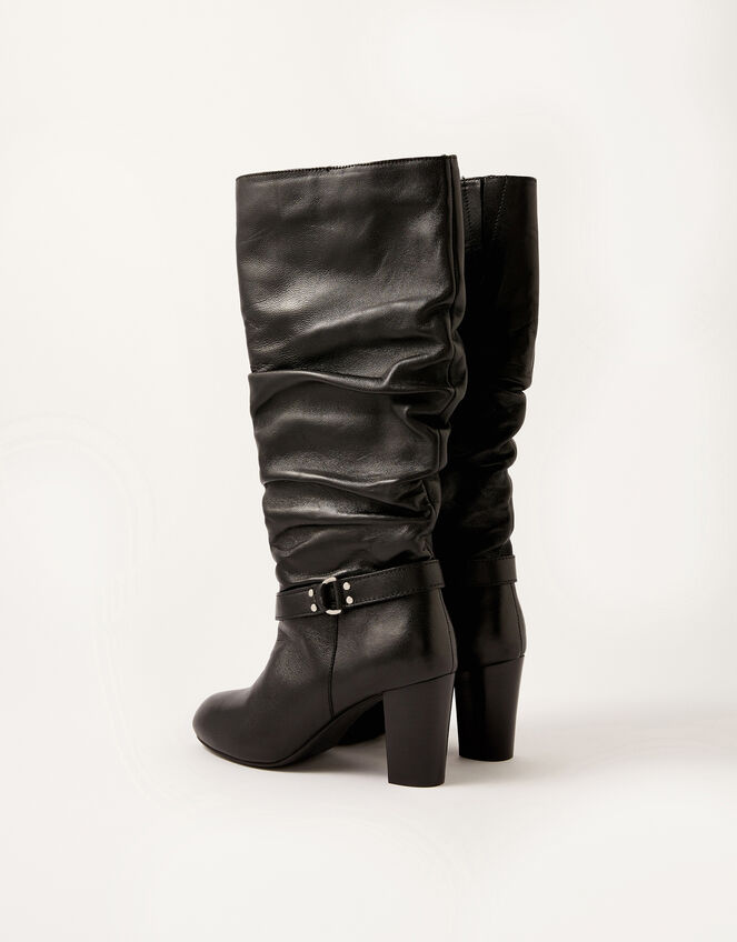 Belle Buckle Slouch Leather Boots, Black (BLACK), large