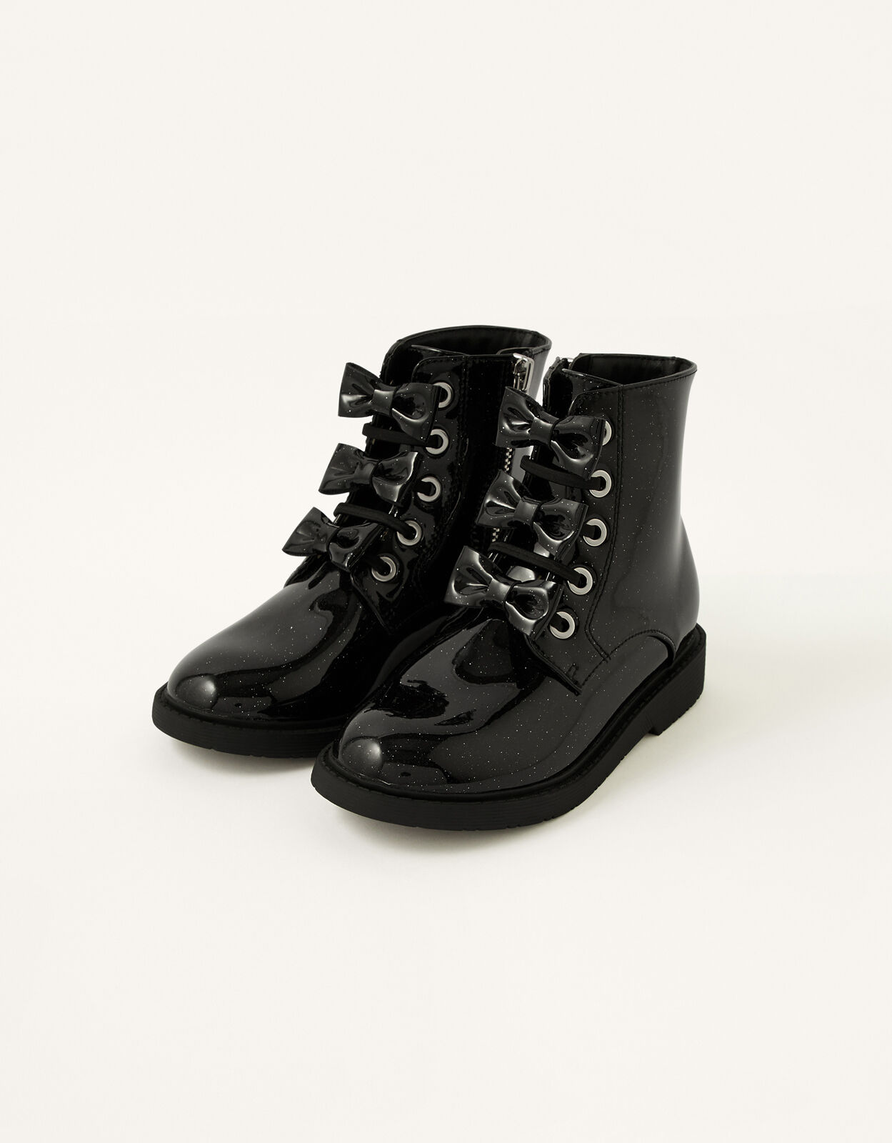Glittery Bow Lace-Up Boots Black